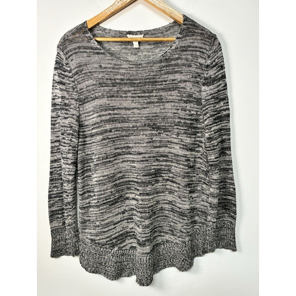 Eileen Fisher 100% Organic Linen Black White Sweater L Raw Collar Lightweight